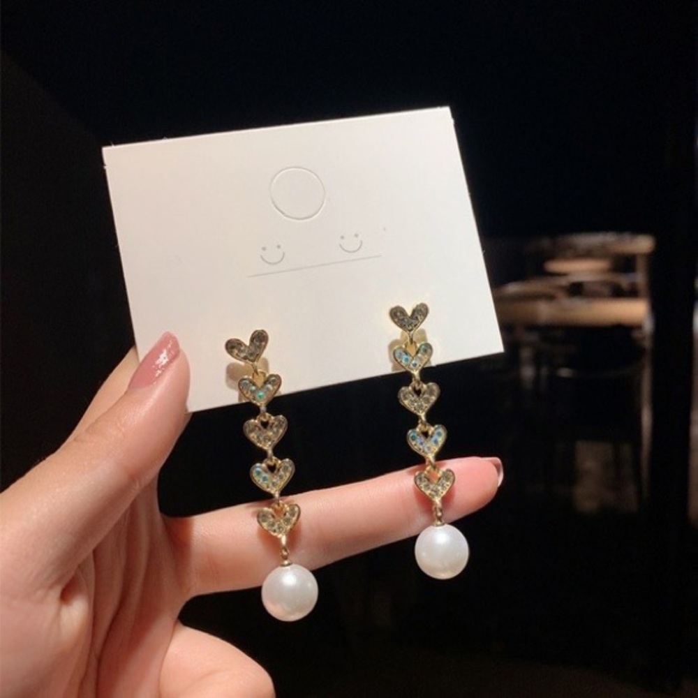Gold Rhinestone and Pearl Heart Drop Earrings - Picture 2 of 5